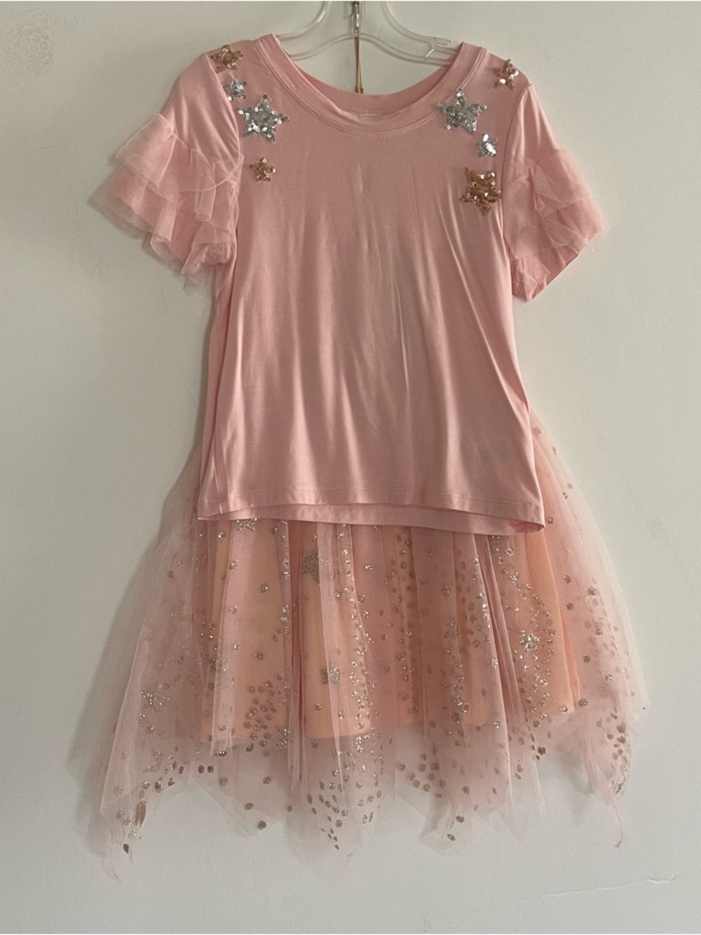 Pink Tulle Star Embellished Skirt Set